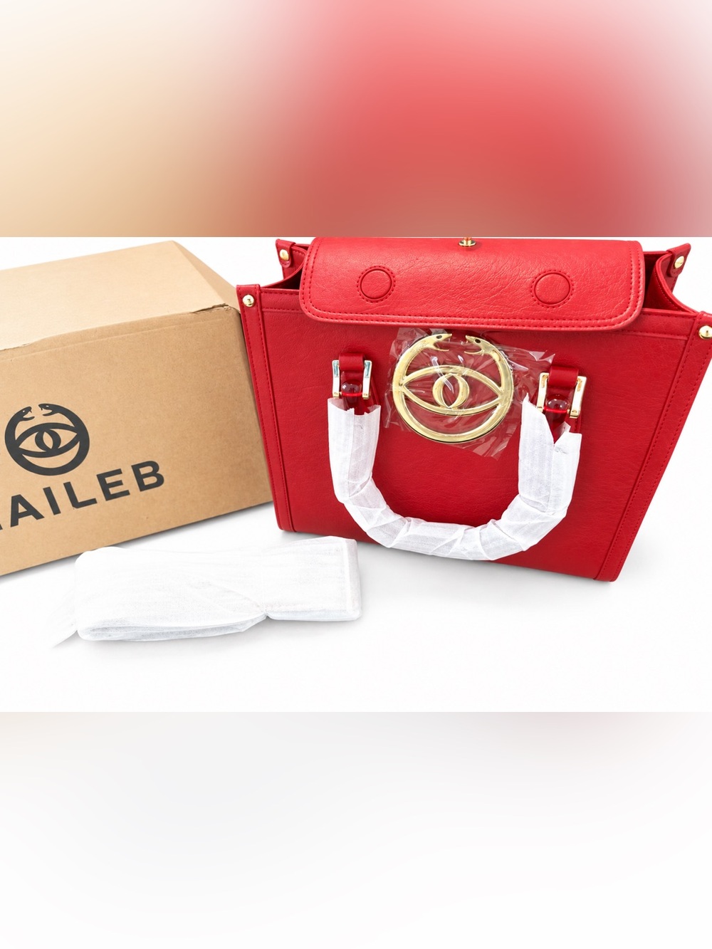 New LAILEB Red Structured Satchel with Gold Eye Accent